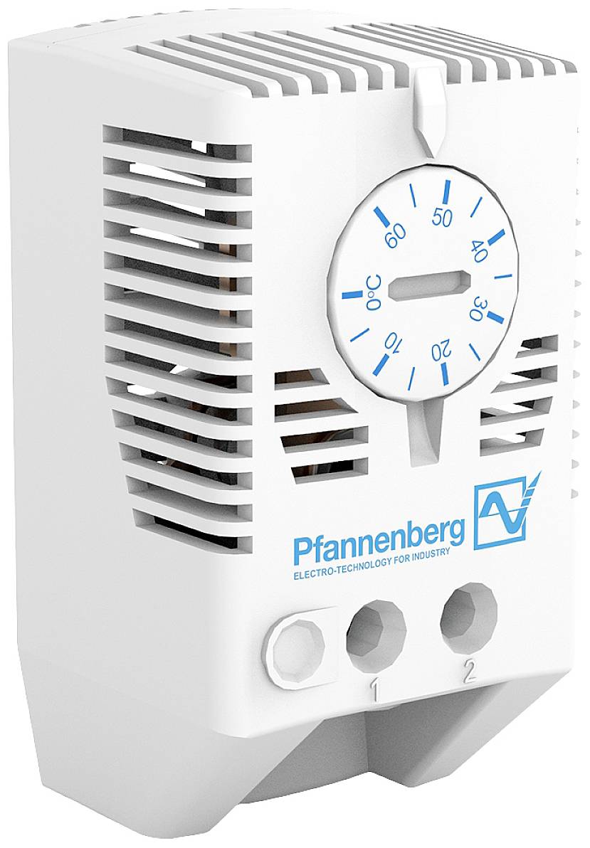 Thermostat mit Skala von 0 bis 60 Grad Celsius, Schalterposition bei 30 Grad. Gerät markiert mit dem Logo 'Pfannenberg'.