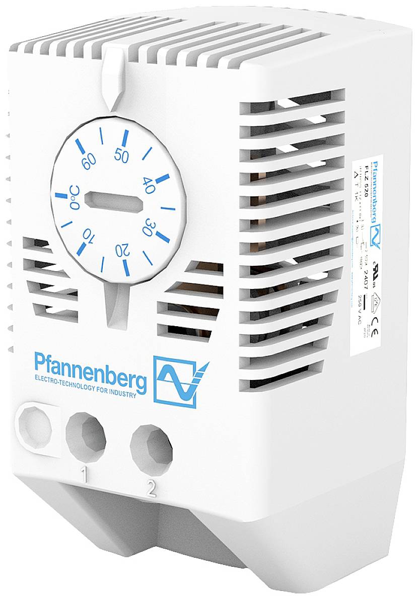 Ein weißer elektronischer Thermostat mit analoger Temperaturanzeige von 0 bis 60 Grad Celsius, Markenlogo und Belüftungsschlitzen.