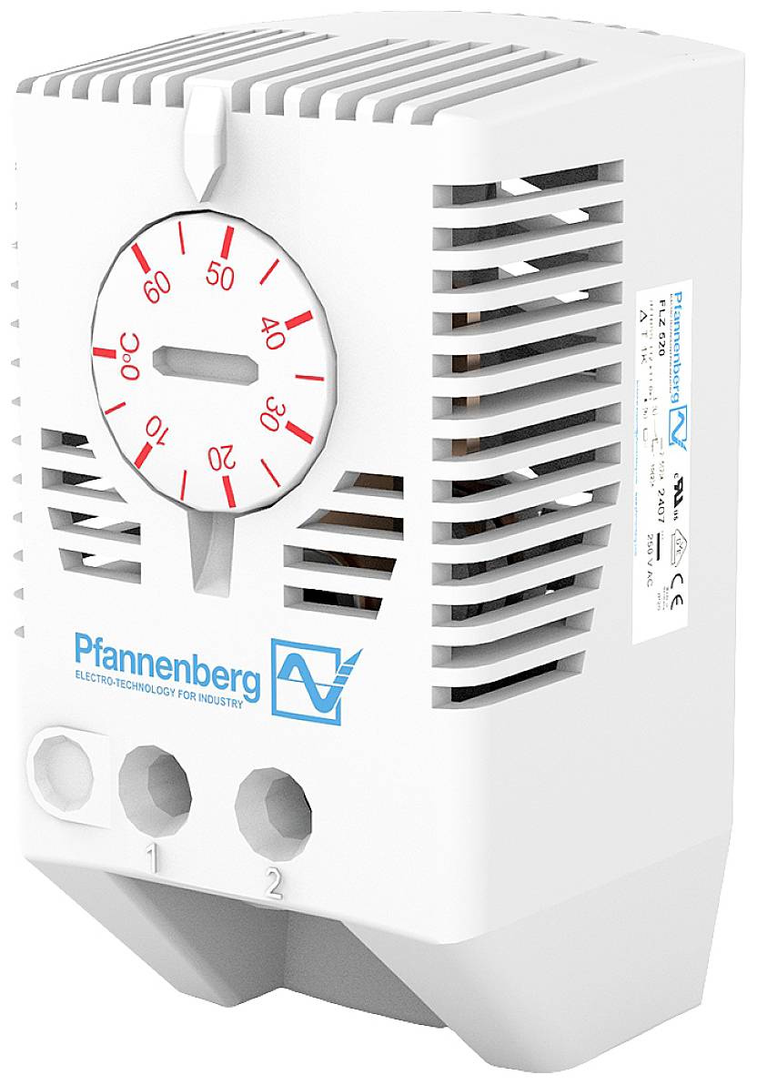 Ein weißer Thermostat der Marke Pfannenberg mit rotem Temperaturskalenrad, Zahlen von 0 bis 60 Grad und Lüftungsschlitzen.