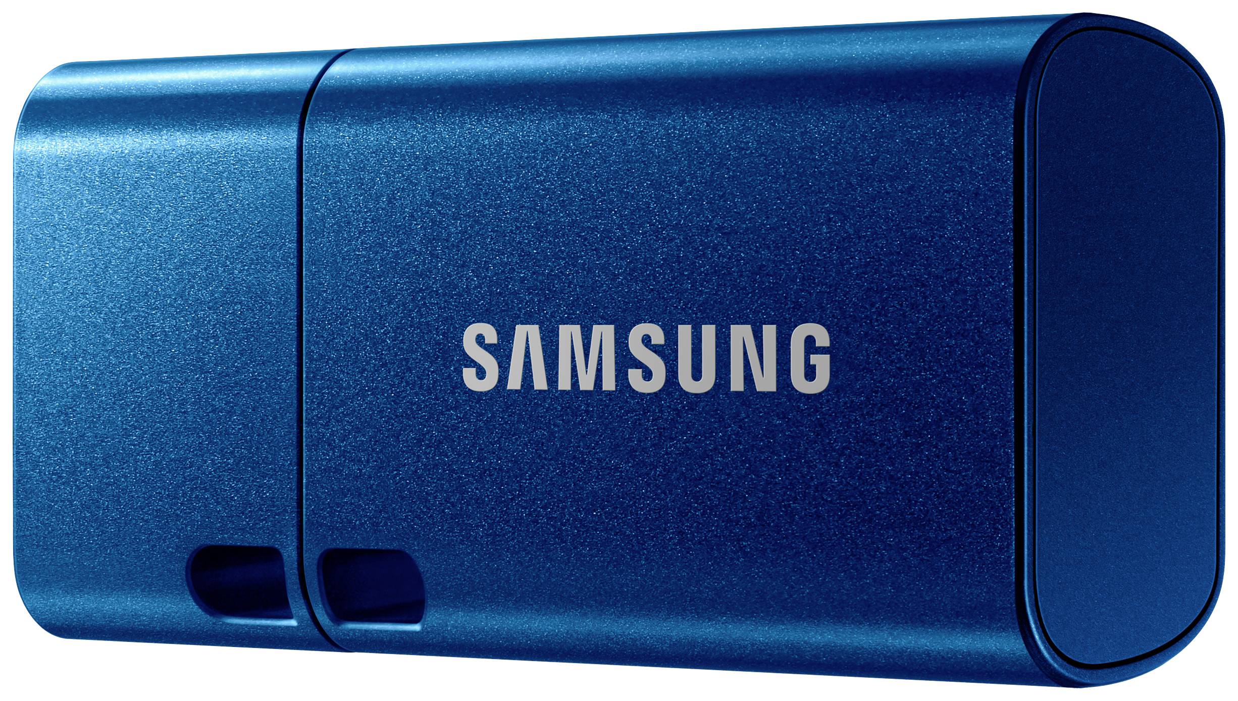 Ein kompakter, blau glänzender USB-Stick von Samsung mit abnehmbarem Schutzdeckel, geeignet für die Speicherung großer Datenmengen.
