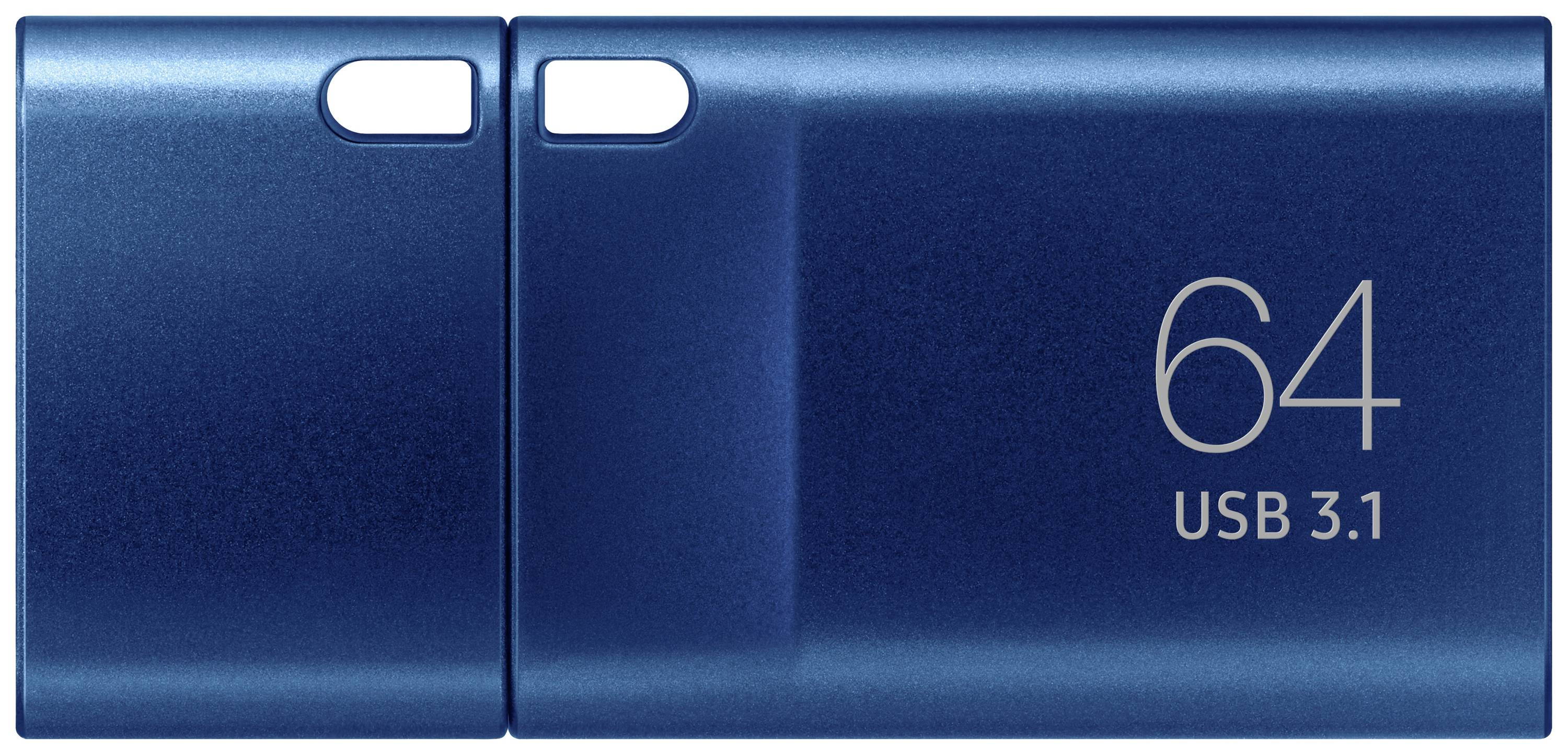 Blauer USB-Stick mit Aufschrift '64 USB 3.1' auf der rechten Seite.