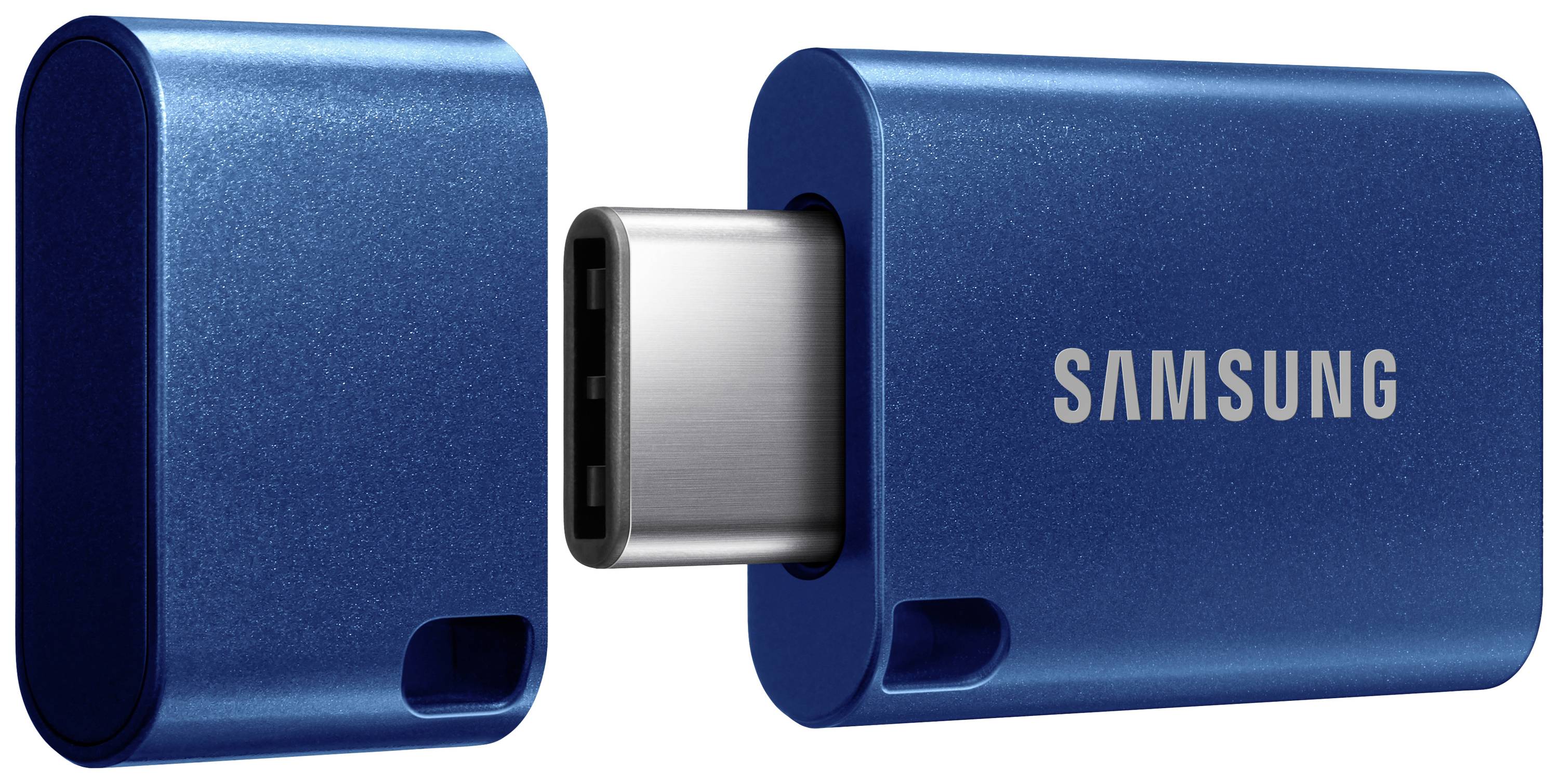 Blauer USB-Stick mit abnehmbarem Deckel, Marke 'Samsung'.
