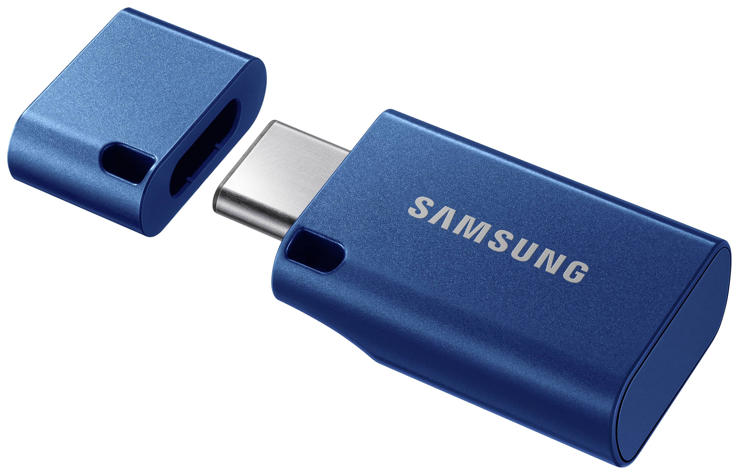 Ein blauer USB-Stick mit abnehmbarer Kappe. Der Markenname 'Samsung' ist sichtbar. Geeignet für Datenspeicherung oder -übertragung.