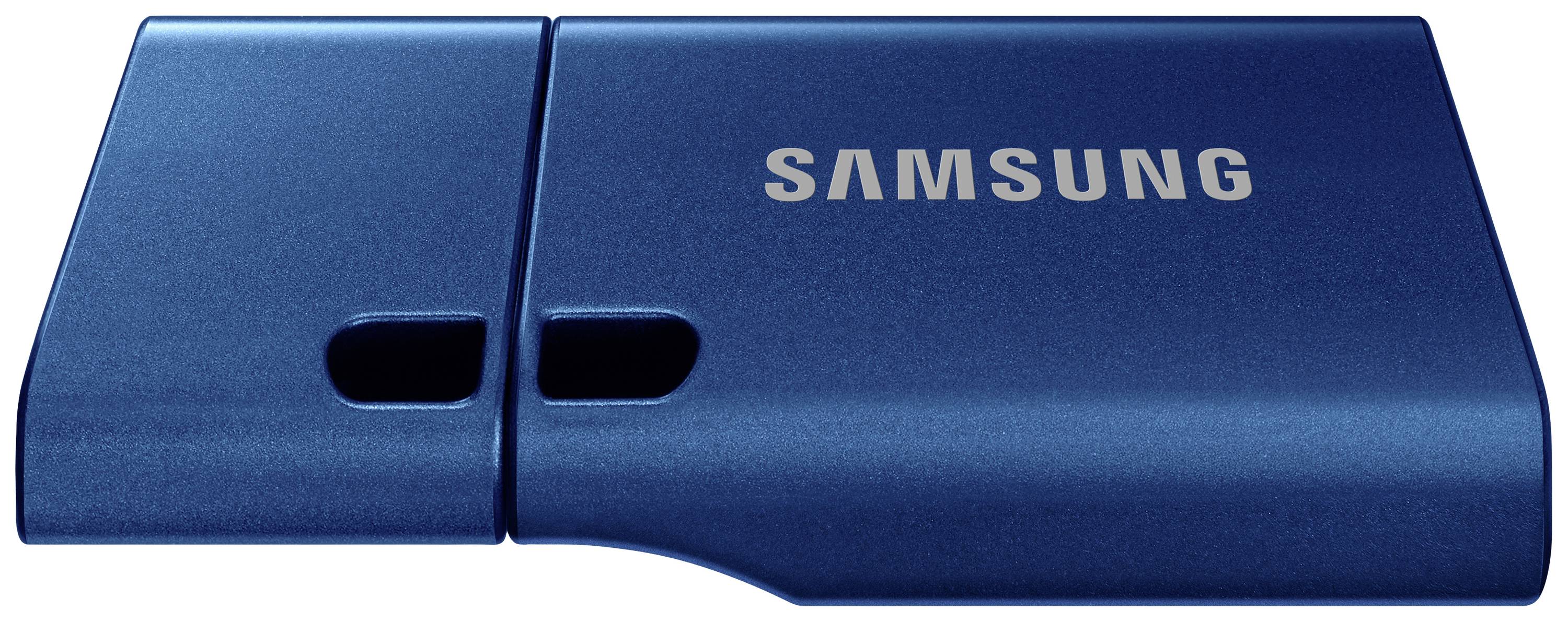 Ein blauer USB-Stick mit dem 'Samsung'-Logo sichtbar auf der Vorderseite.