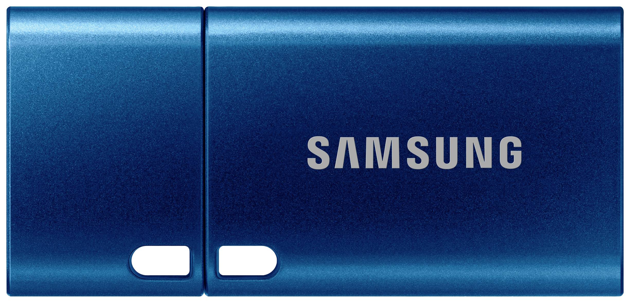 Blauer USB-Stick mit der Aufschrift 'Samsung'.