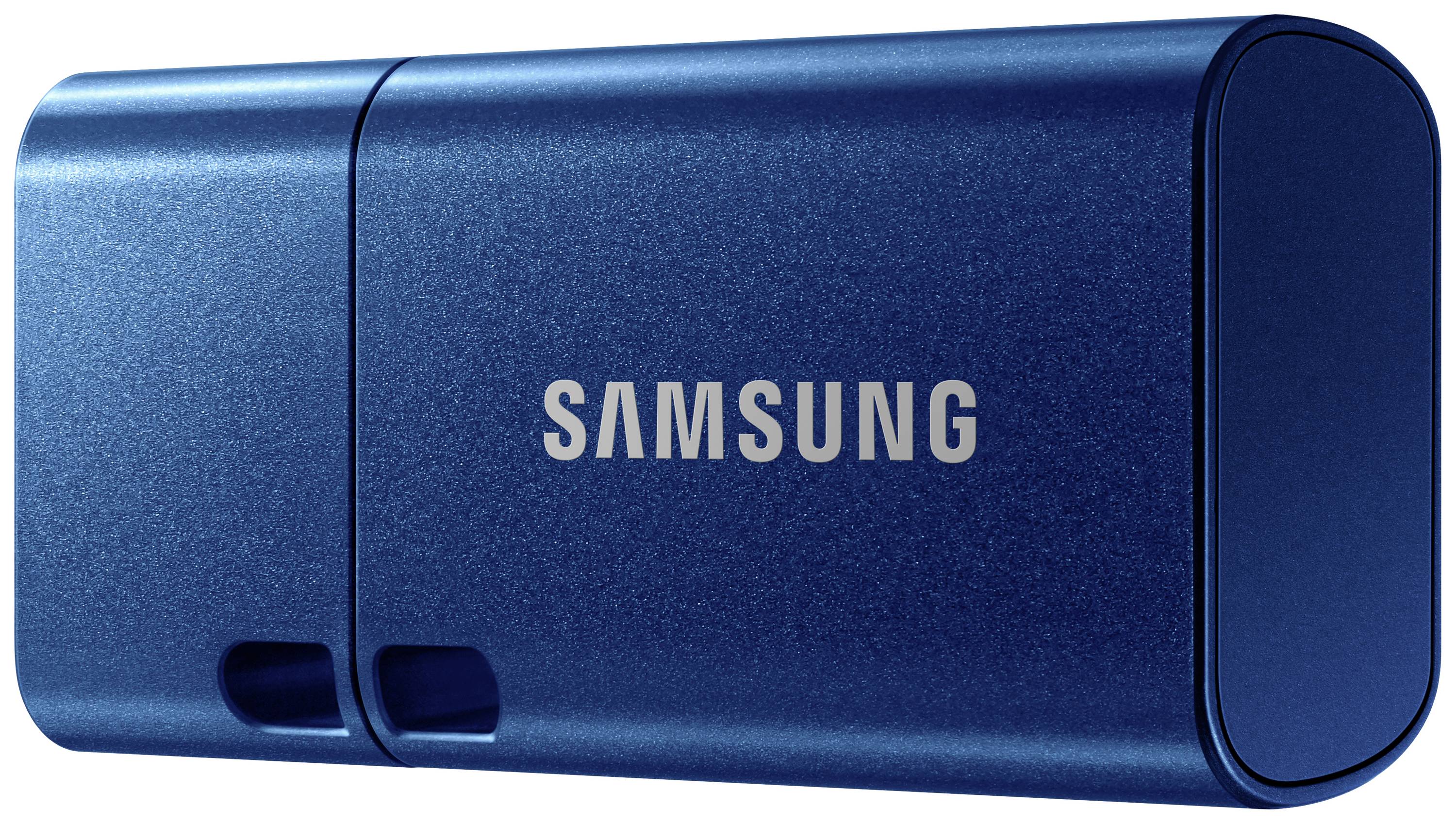 Blauer Samsung USB-Stick mit abgerundeten Kanten, zeigt das Samsung-Logo in der Mitte.
