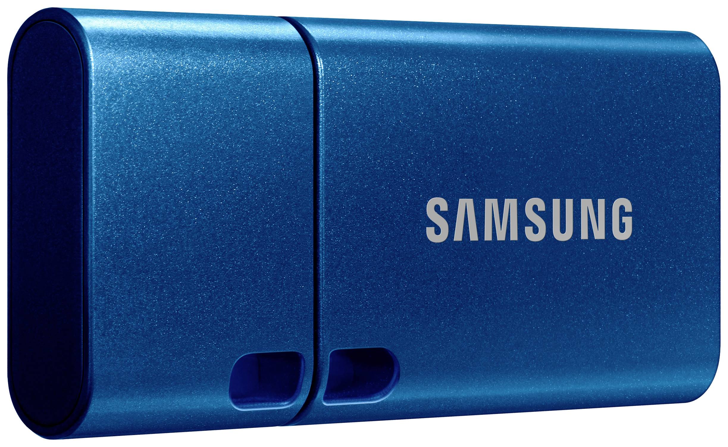 Ein blauer USB-Stick der Marke Samsung.