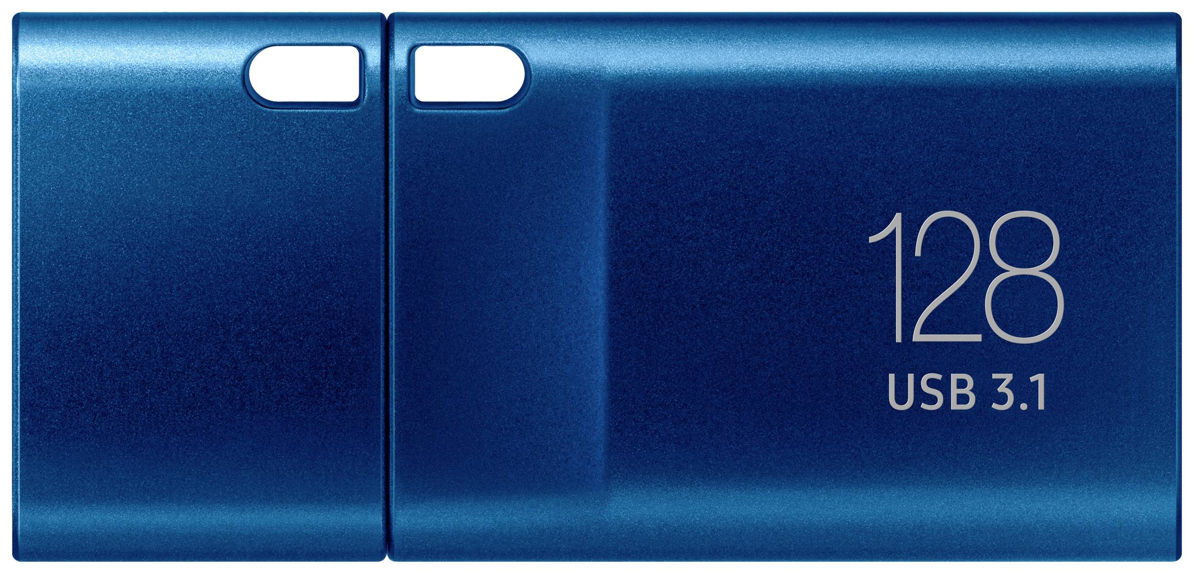 Blauer USB-Stick mit 128 GB Kapazität und USB 3.1-Technologie.