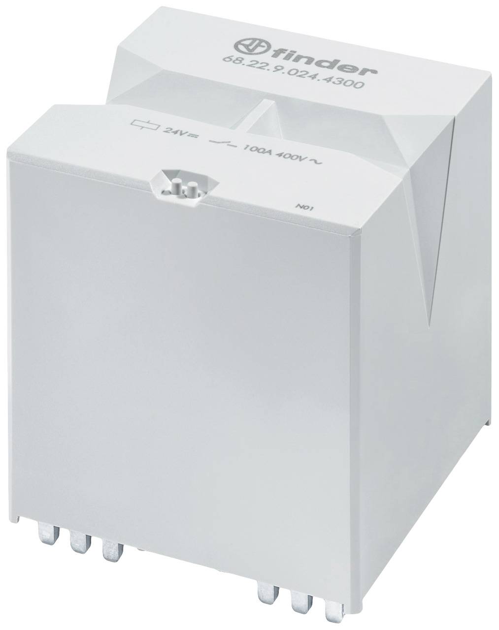 'Relais mit Aufschrift 24V=, 100A, 400V~' und Markenlogo. Rechteckiges Gehäuse mit Metallpins unten.