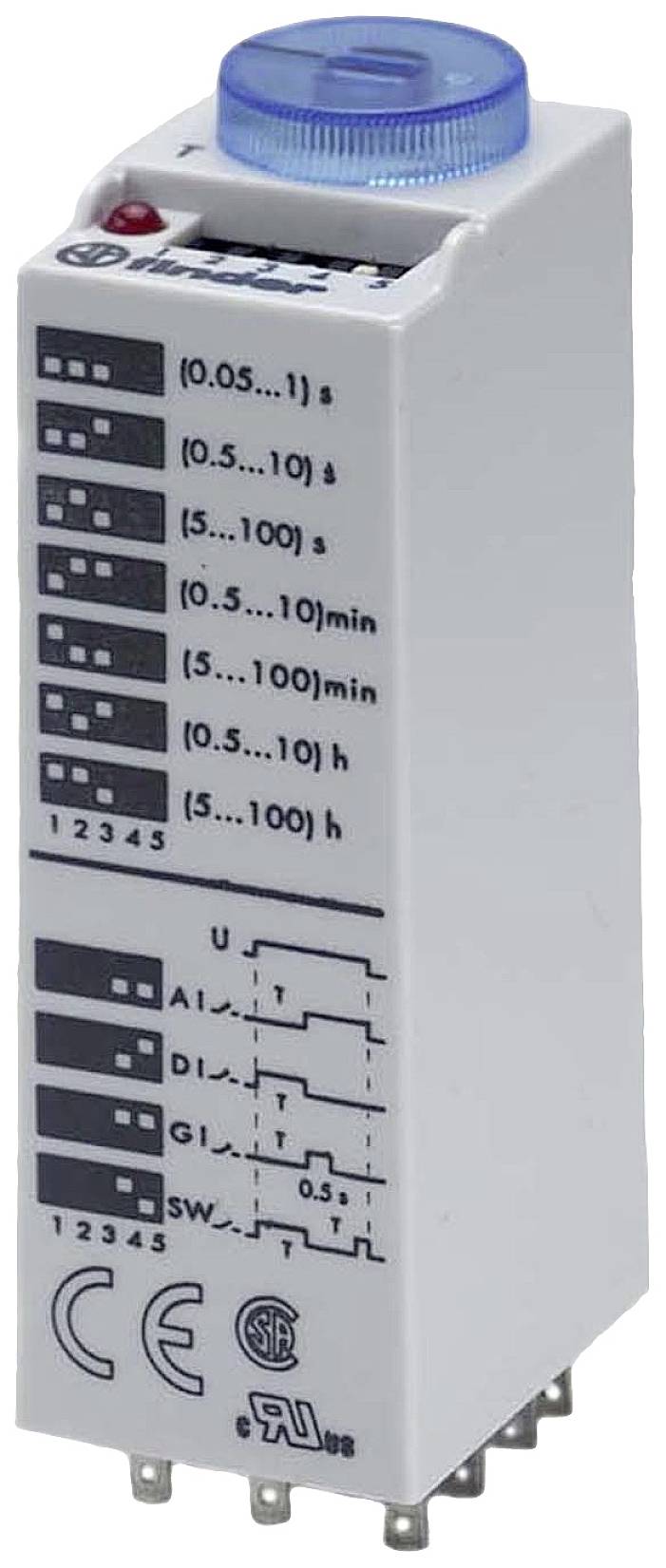 Ein Zeitrelais mit Drehschalter für Einstellungen. Zeigt Bereiche für Sekunden, Minuten, Stunden an. Markierungen für elektrische Anschlüsse.