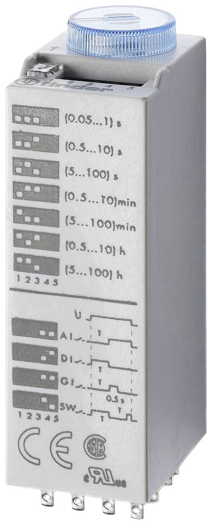 Elektronischer Zeitschalter in rechteckigem Gehäuse mit mehreren Zeitintervalleinstellungen; oben ein blauer Drehknopf.