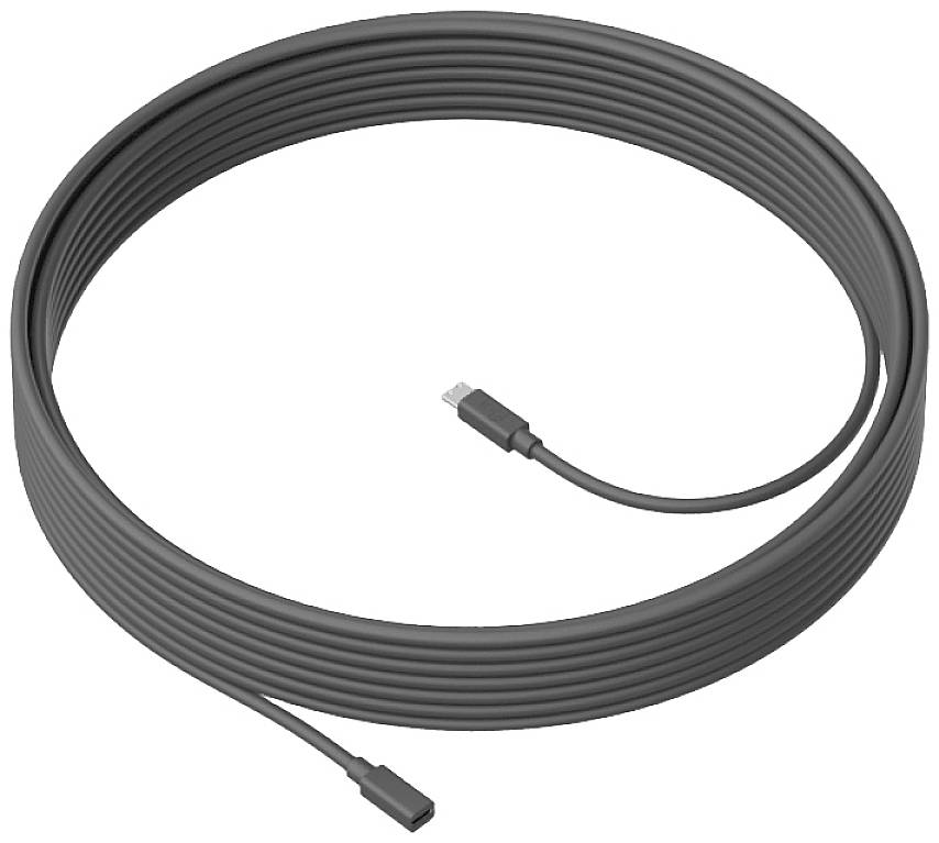 Ein langes, schwarzes Kabel mit USB-C-Anschluss, aufgerollt auf einem weißen Hintergrund.