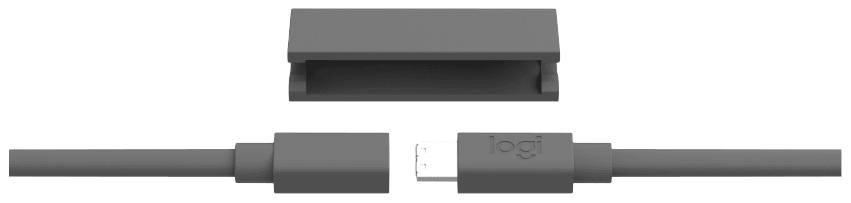 Ein graues USB-Kabel mit Stecker, daneben eine graue Kabelmanagement-Box.