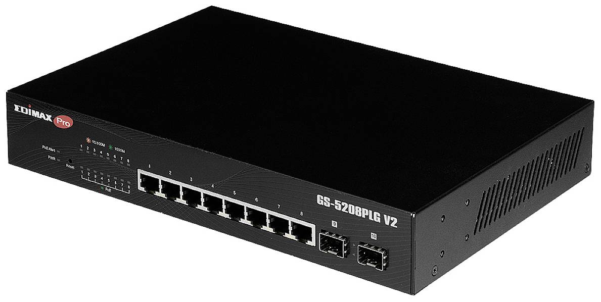 Ein schwarzer Netzwerk-Switch mit mehreren Ethernet-Ports und zwei Glasfaser-Ports, Modellbezeichnung 'GS-5208PLG V2' auf der Vorderseite.