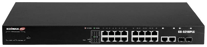 Netzwerk-Switch mit 16 Ethernet-Ports und zwei Glasfaser-Ports, Modell Edimax GS-5208PLG. Frontansicht zeigt Ports und Status-LEDs.
