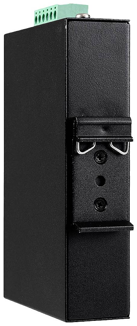 Ein schwarzes, rechteckiges elektronisches Gerät mit einem grünen Anschlussblock oben.