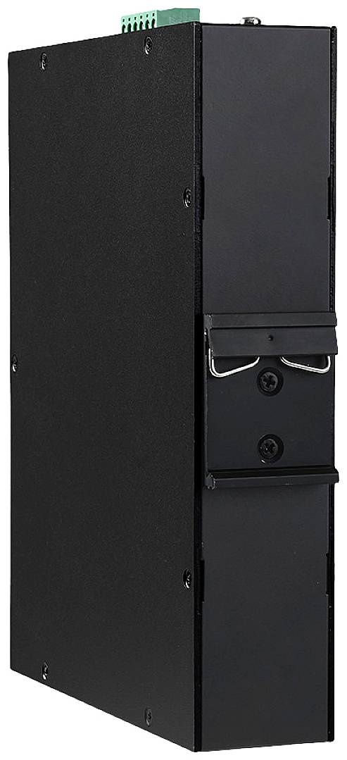 Ein schwarzes elektronisches Gerät in vertikaler Ausrichtung, von der Seite betrachtet, mit sichtbaren Schrauben auf der Vorderseite.