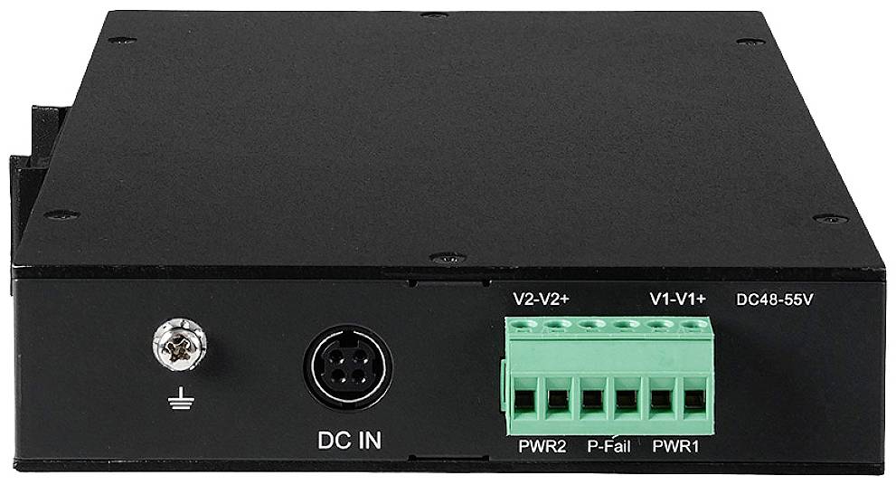Schwarzer Elektronikadapter mit Anschlüssen und Beschriftungen 'DC IN', 'V2-V2+', 'V1-V1+', 'DC48-55V', 'PWR2', 'P-Fail', 'PWR1'.