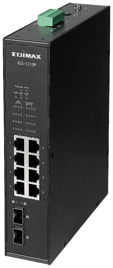 Industrie-Netzwerk-Switch mit acht Ethernet-Ports und zwei Glasfaser-Ports, Modell 'EDIMAX IGS-1210P'.
