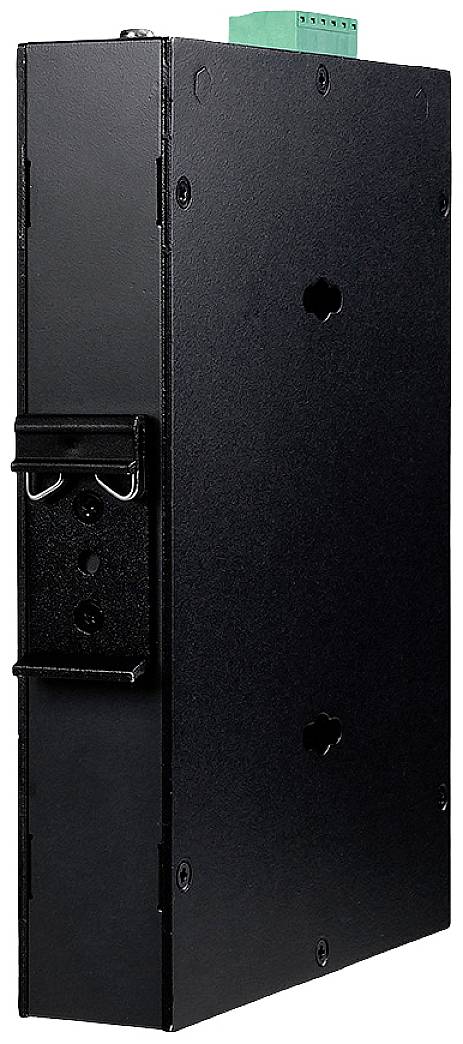 Schwarze, rechteckige elektronische Geräteeinheit mit Befestigungsschlitzen und grünem Anschlussstecker oben.