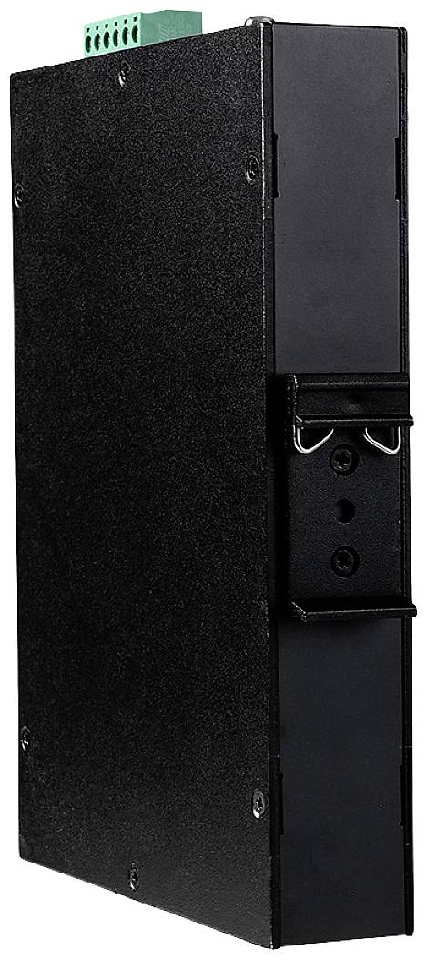 Ein schwarzes, rechteckiges elektronisches Gerät mit mehreren Anschlusspunkten oben und einer Halterung an der Seite.