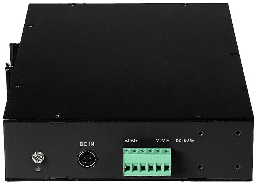 Schwarzes, rechteckiges elektronisches Gerät mit einem grünen Anschlussblock und mehreren Buchsen auf der Vorderseite.
