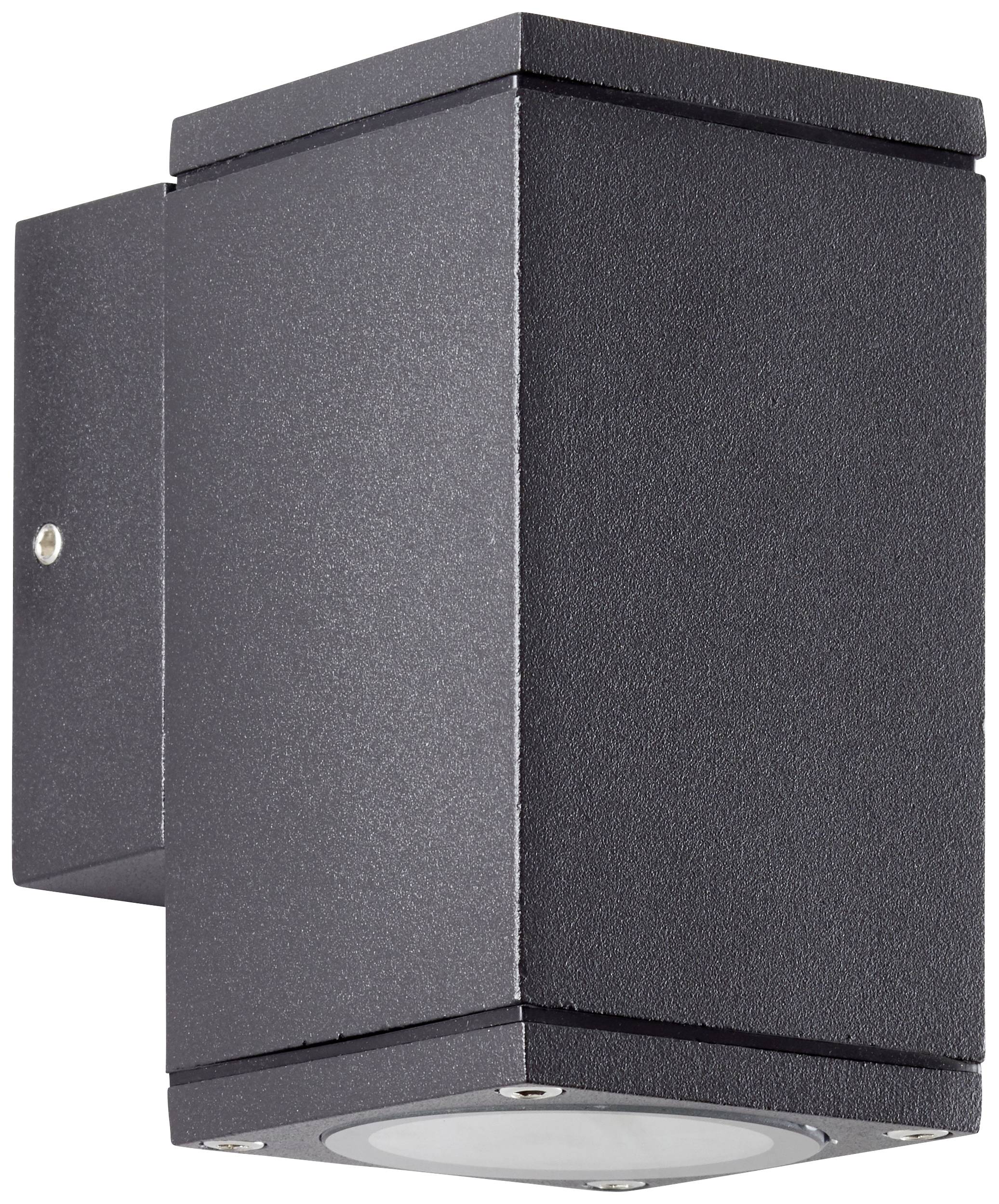 Schwarze quadratische Außenwandleuchte mit nach unten gerichtetem Lichtstrahl, geeignet für elegante Gebäudebeleuchtung.