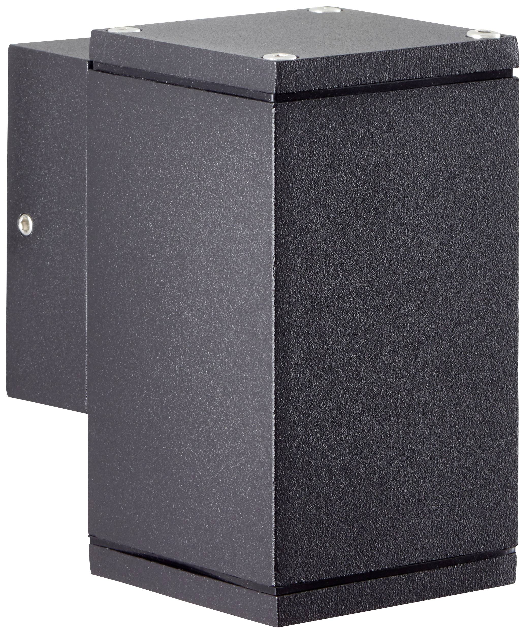 Schwarze, rechteckige Außenwandleuchte mit modernem Design, geeignet für eine stilvolle Beleuchtung im Außenbereich.