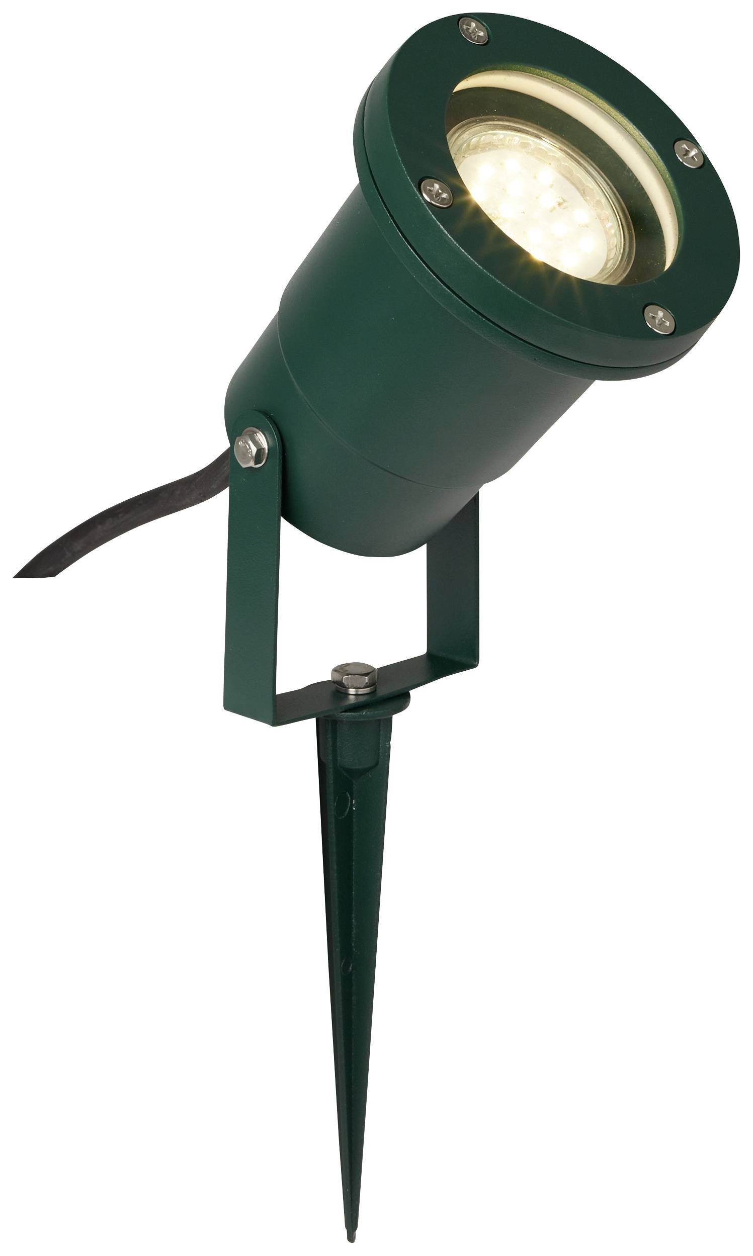 Grüne Gartenleuchte mit Erdspieß und LED-Licht, geeignet für Außenbeleuchtung.