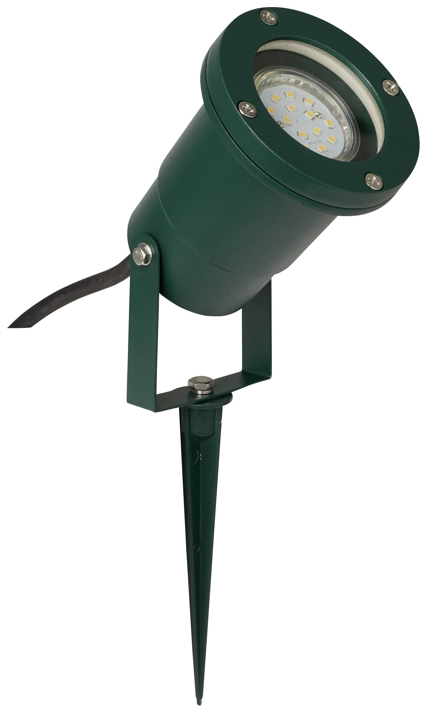 Grüner LED-Gartenstrahler mit Erdspieß und verstellbarem Kopf für gezielte Außenbeleuchtung.