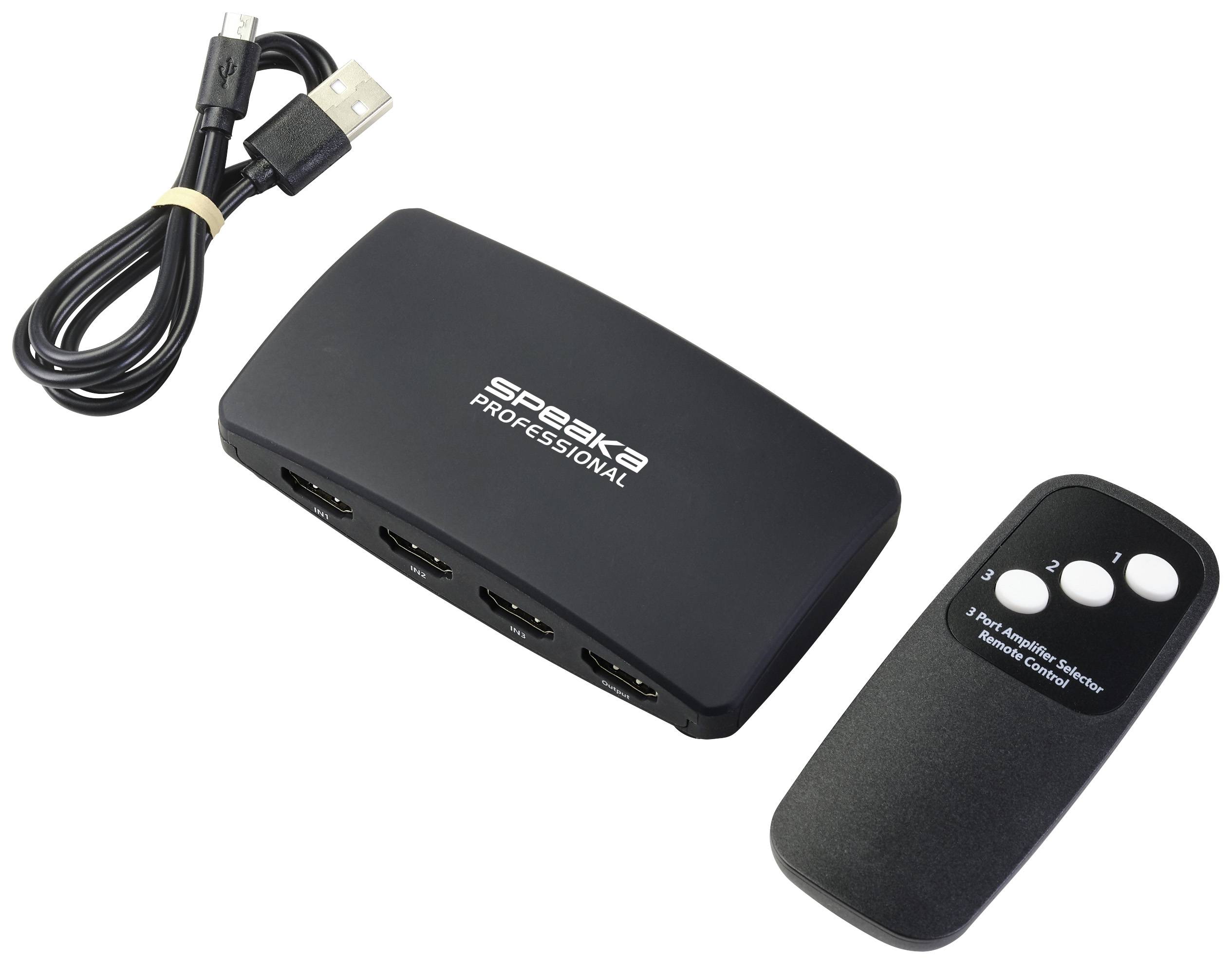 SpeaKa Professional SP-HDS-200 3 Port HDMI-Switch mit Fernbedienung UHD 8K @ 60 Hz, UHD 4K @ 120Hz
