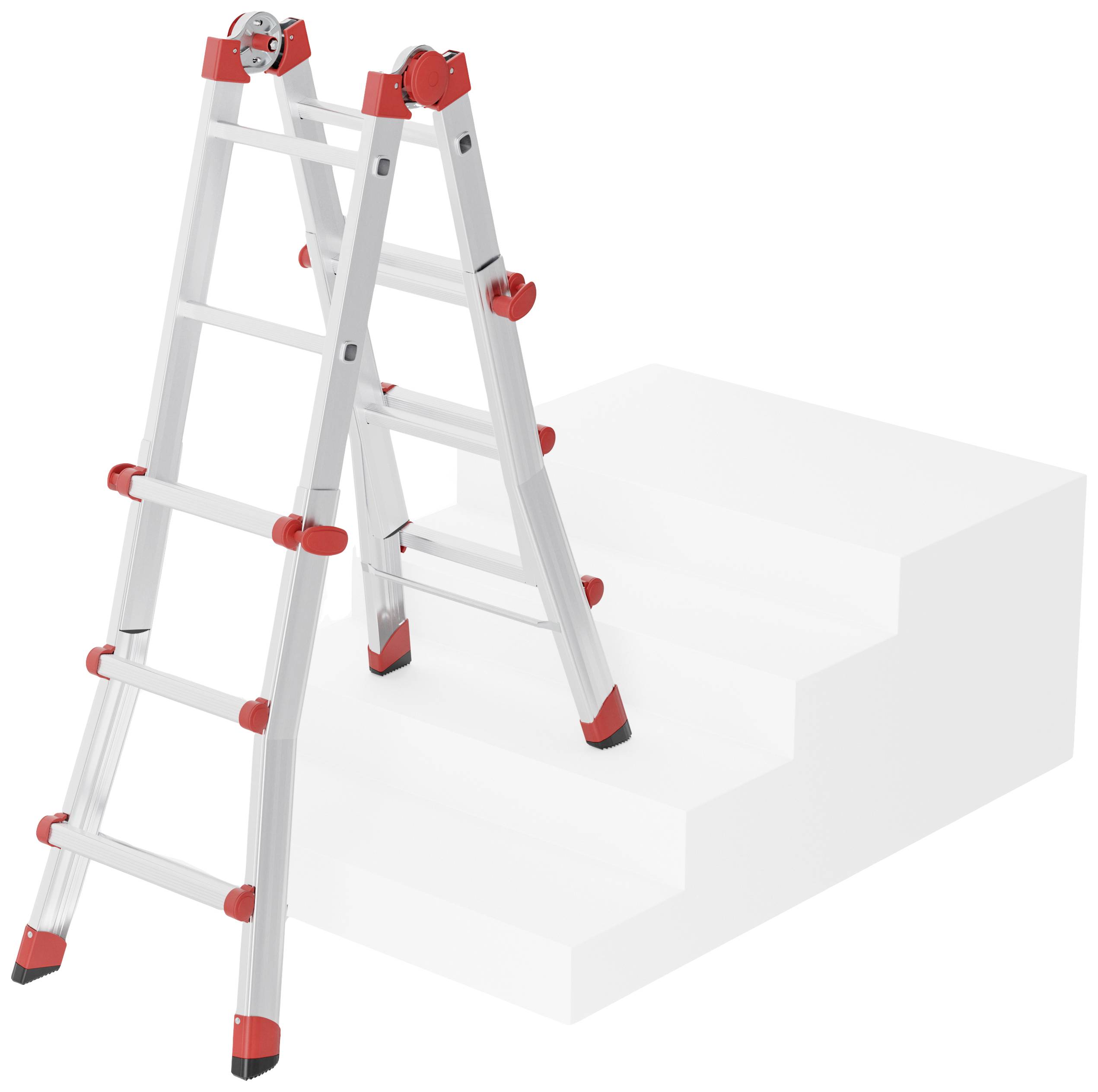 Rote und silberne Teleskopleiter aufgeklappt und auf einer Treppe stehend.