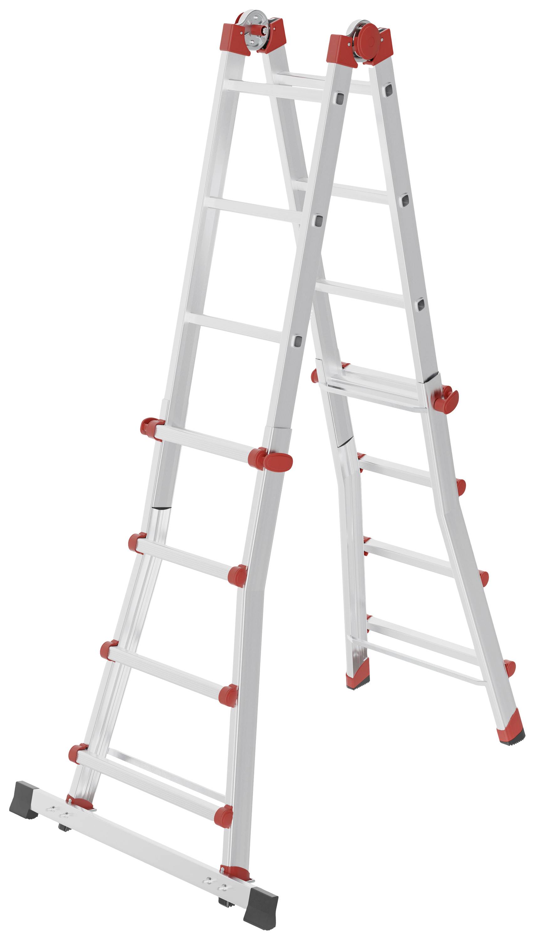 Eine weiße Metallleiter mit roten Verbindungen, in A-Form aufgestellt. Verstellbar und mehrgliedrig für vielseitige Anwendungen.
