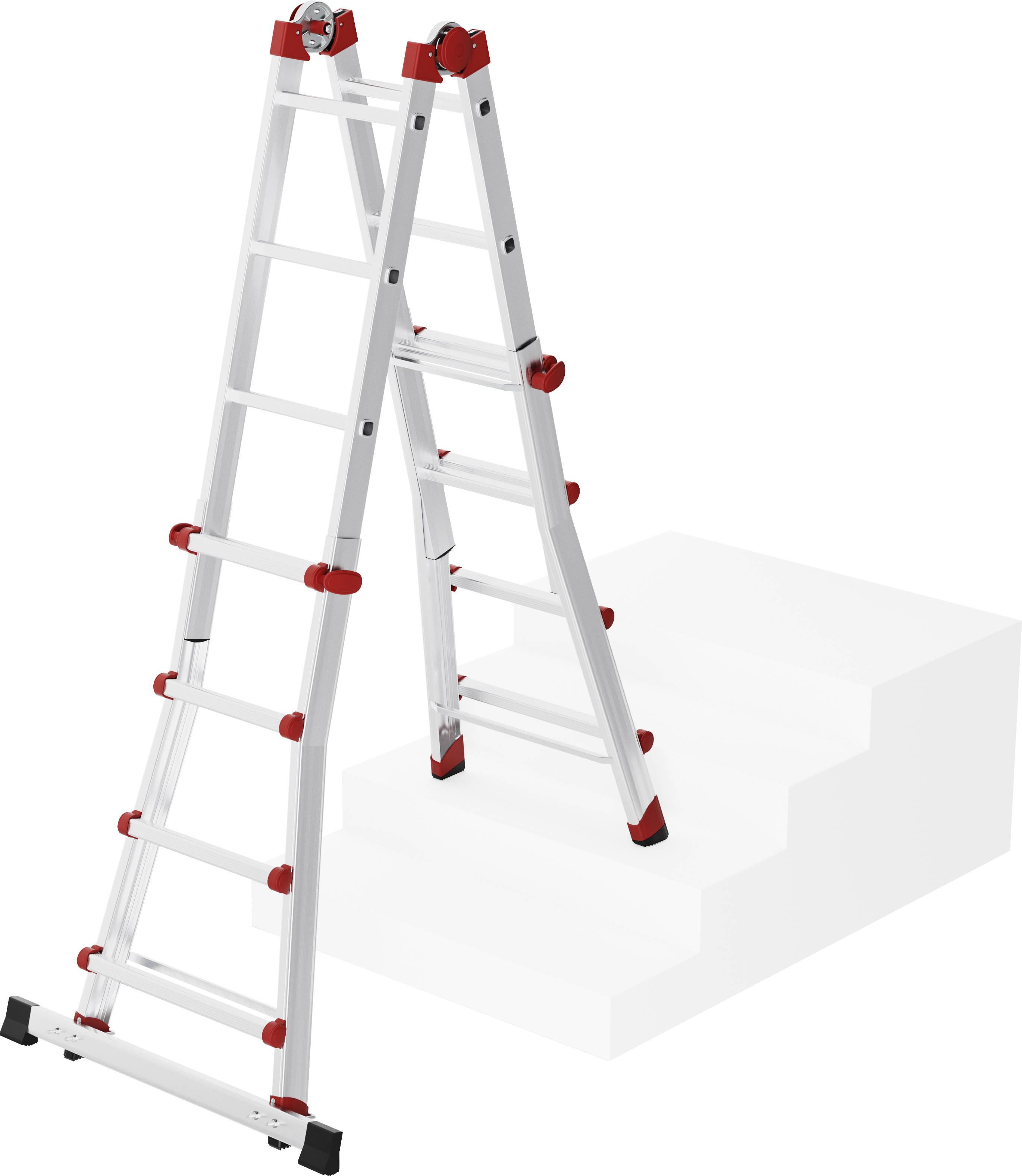 Teleskopleiter in A-Form auf Treppe, einzelne Strebe ausgezogen, rot-weiße Farbdetails, zeigt flexible Höhenverstellung.