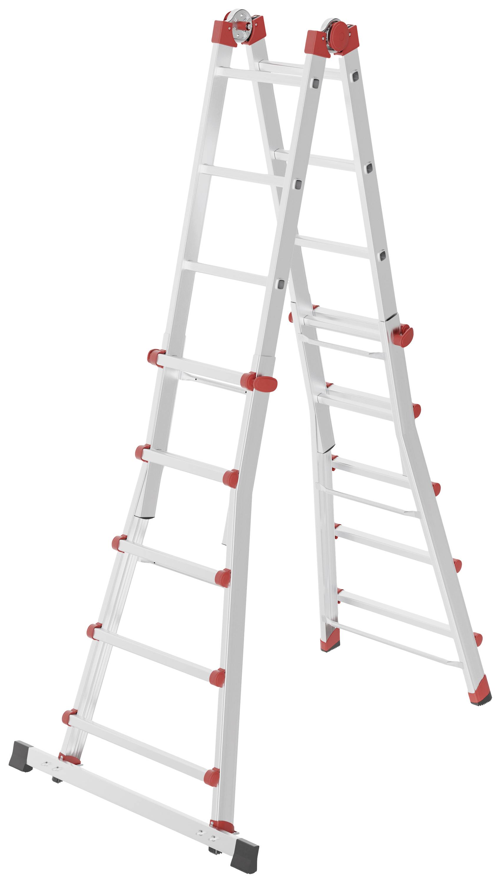 Aluminiumleiter mit roten Akzenten, als Steh- oder Anlegeleiter nutzbar, steht stabil mit ausgeklapptem Gelenk.