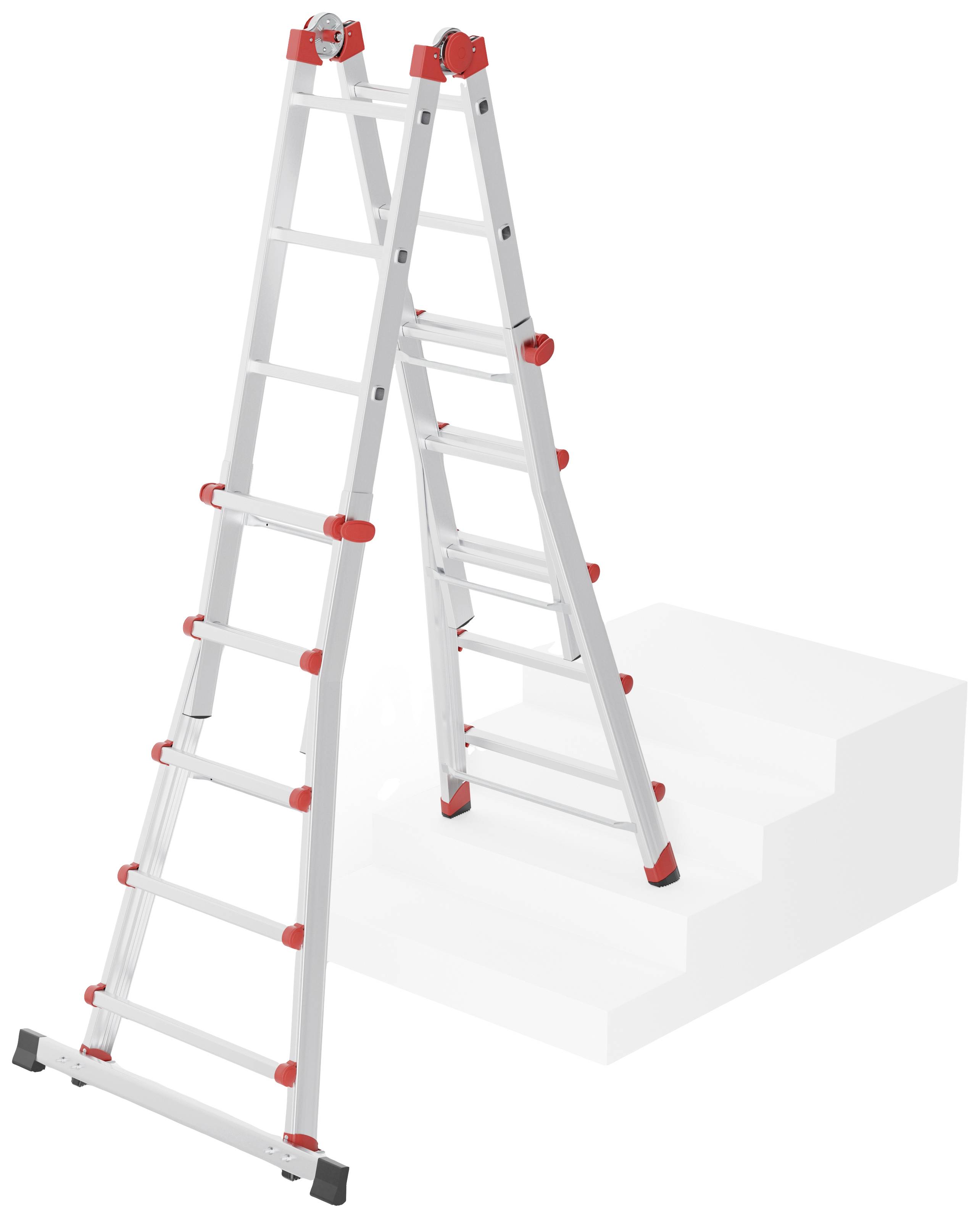 Teleskopleiter mit roten Sicherheitsverschlüssen, die auf Treppe eingesetzt wird. Ideal für Arbeiten in unterschiedlicher Höhe.