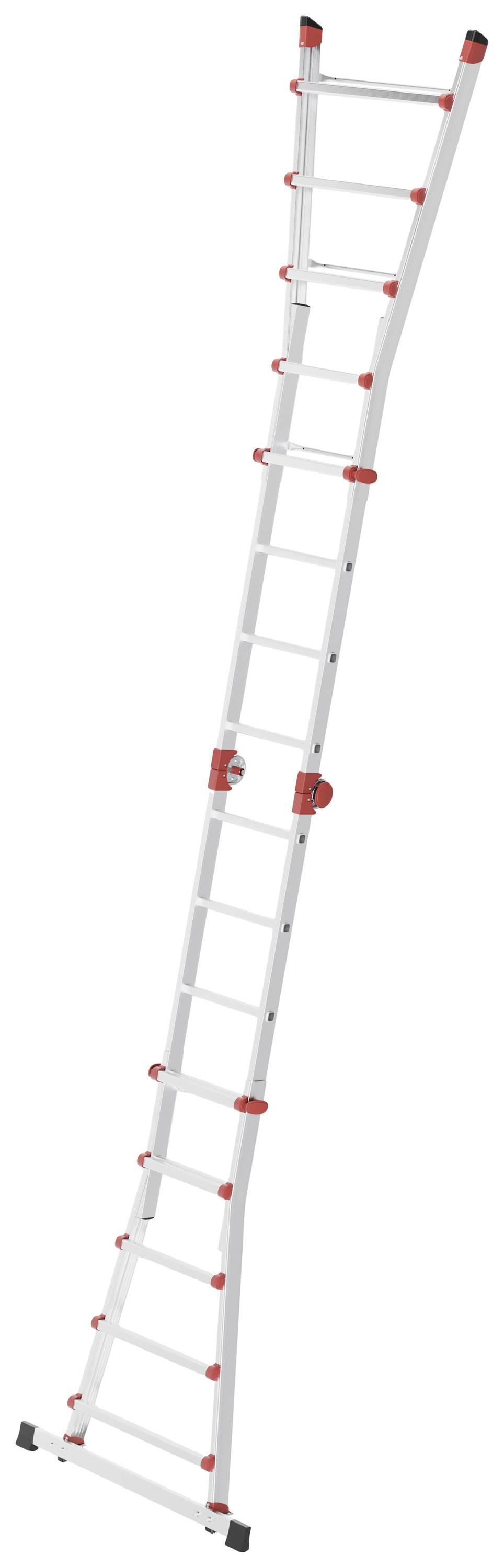 Weiße, ausziehbare Leiter mit roten Verbindungsstücken, komplett ausgefahren.