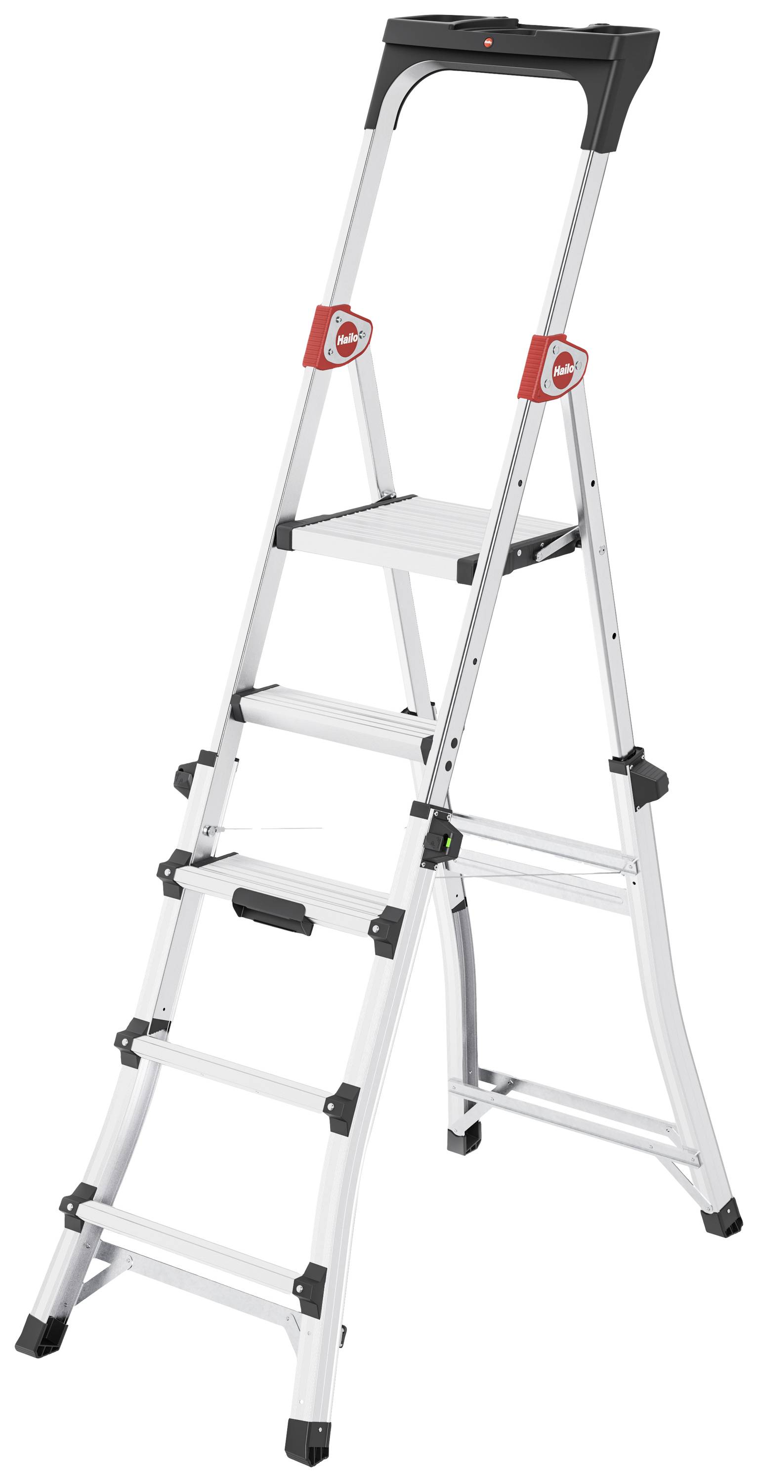 Eine stehende, silberne Aluminiumleiter mit vier Stufen und einem Griff an der Oberseite, geeignet für den Innen- und Außeneinsatz.