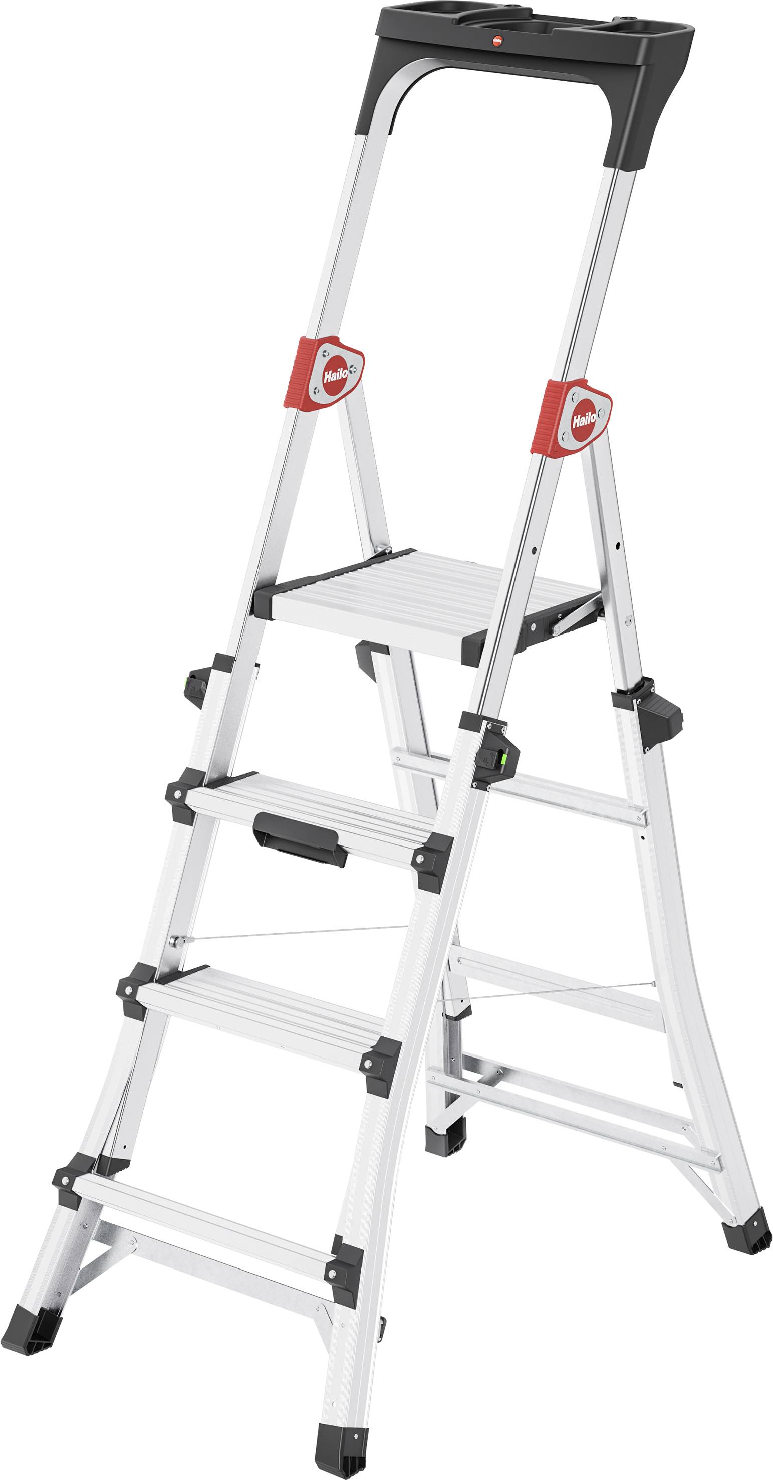 Eine silberne, fünfstufige Alu-Leiter mit Sicherheitsgriff und rutschfesten Stufen, im aufgeklappten Zustand. Geeignet für Innen- und Außenbereiche.