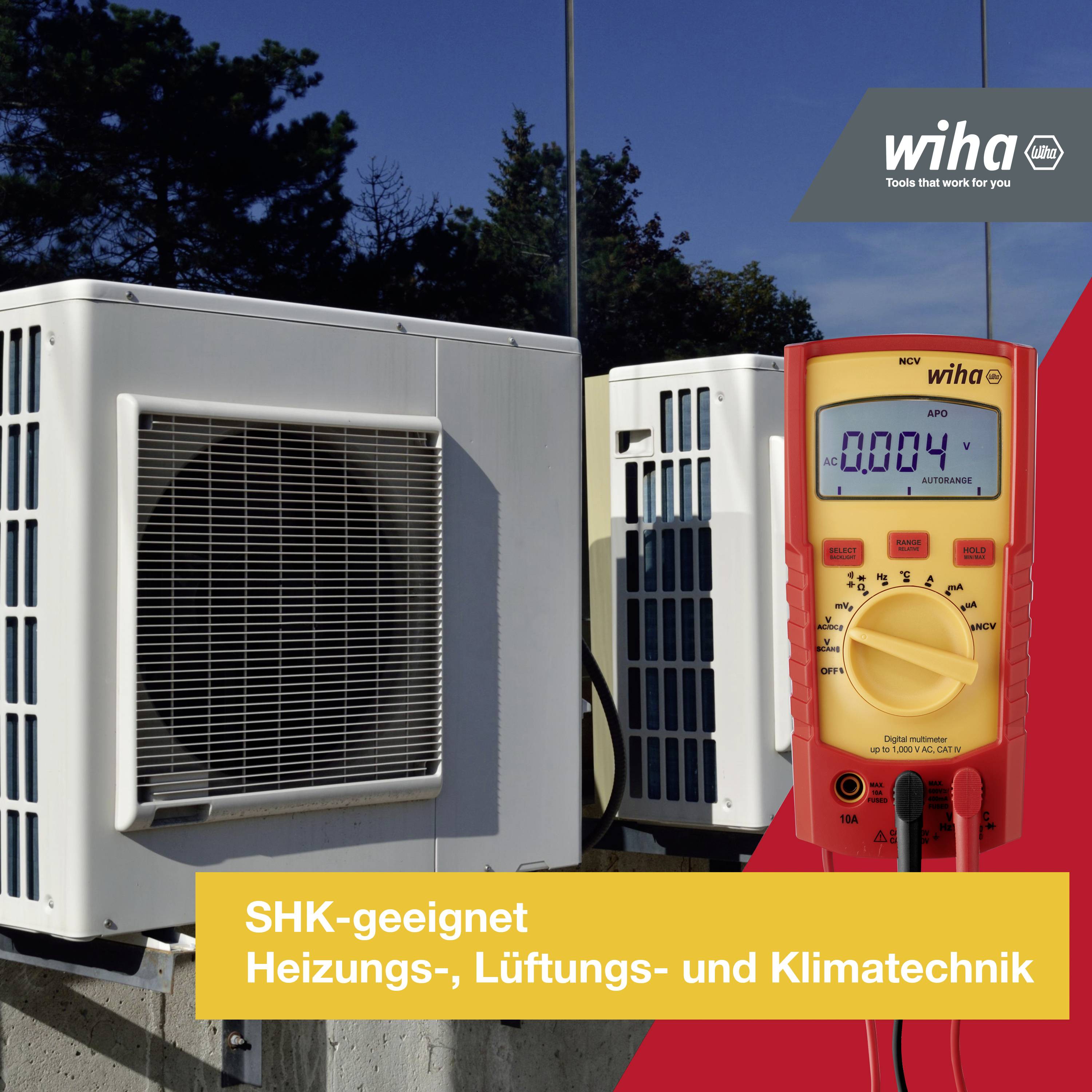 Luftkühlergeräte neben einem digitalen Multimeter mit Anzeige von '0.004'. Text: 'SHK-geeignet Heizungs-, Lüftungs- und Klimatechnik'.