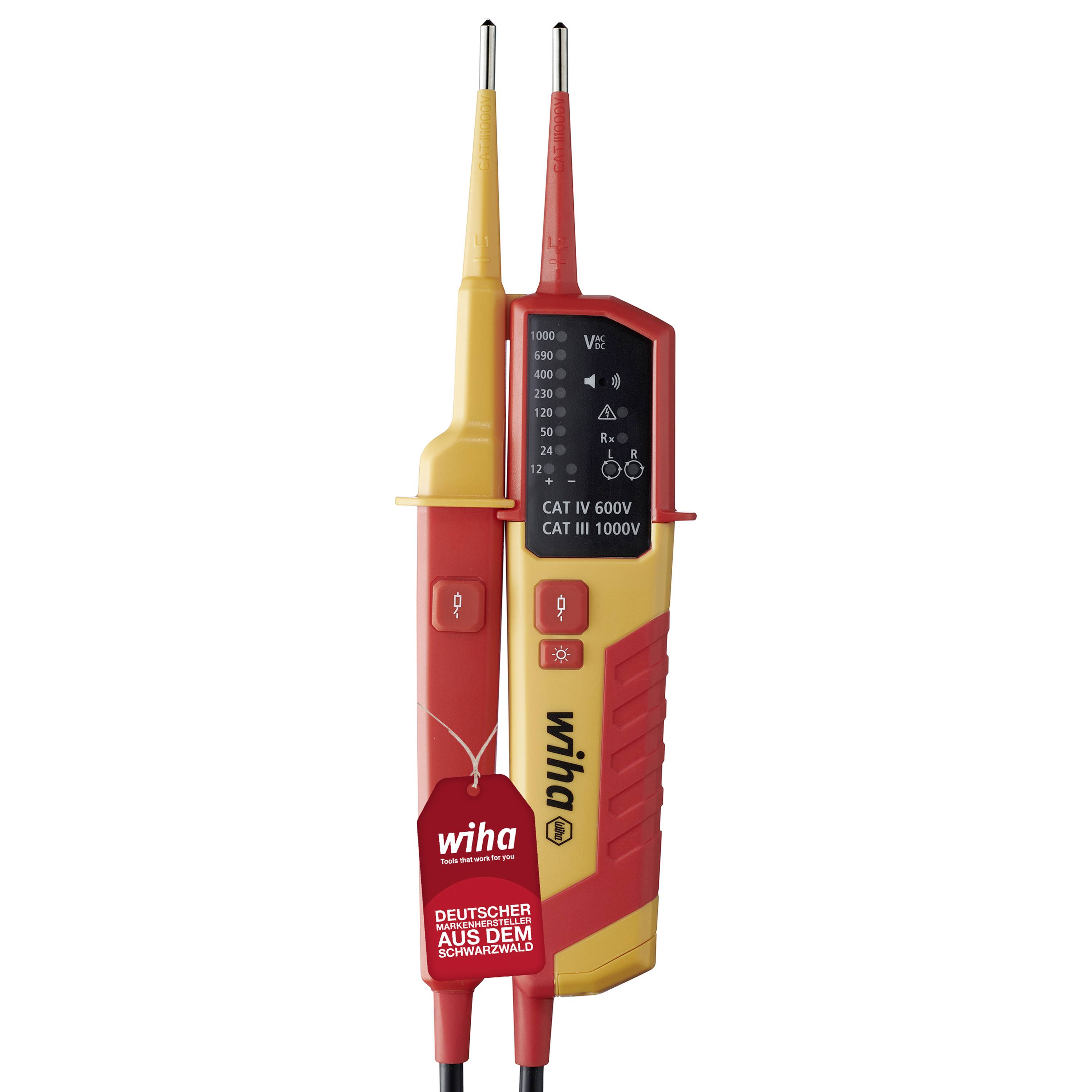 Spannungsprüfer von Wiha in rot und gelb, geeignet für CAT IV 600V und CAT III 1000V, mit Prüfspitzen und Bedienfeld.