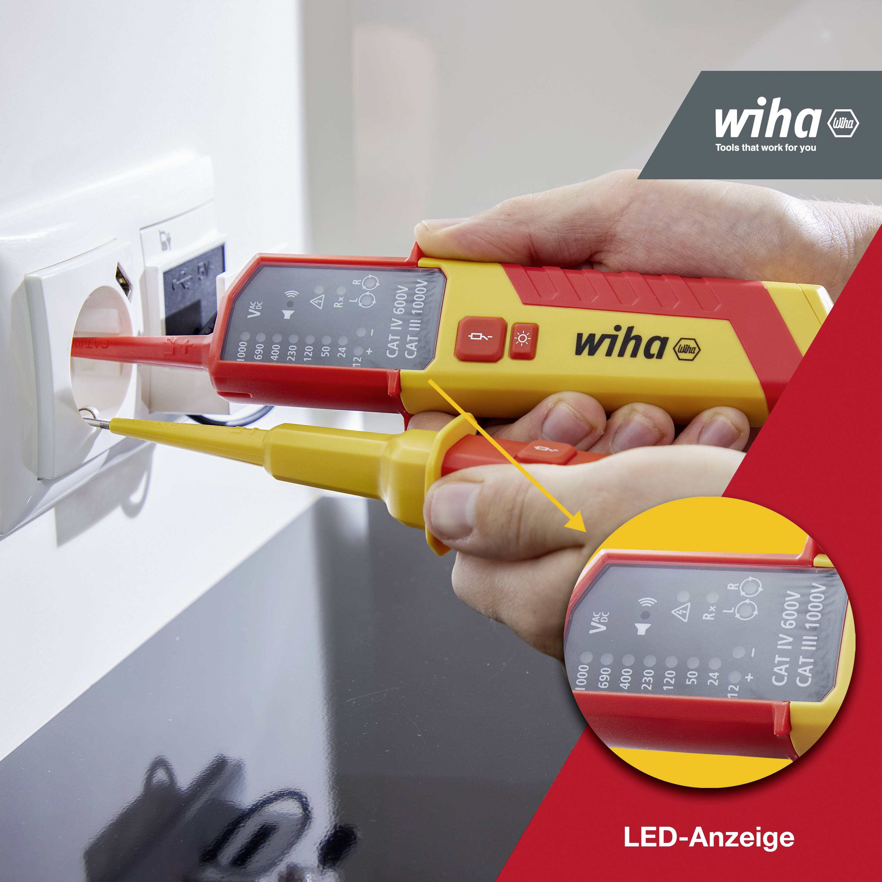 Wiha 45216 Spannungs- und Durchgangsprüfer CAT III 1000 V, CAT IV 600V LED, Akustik
