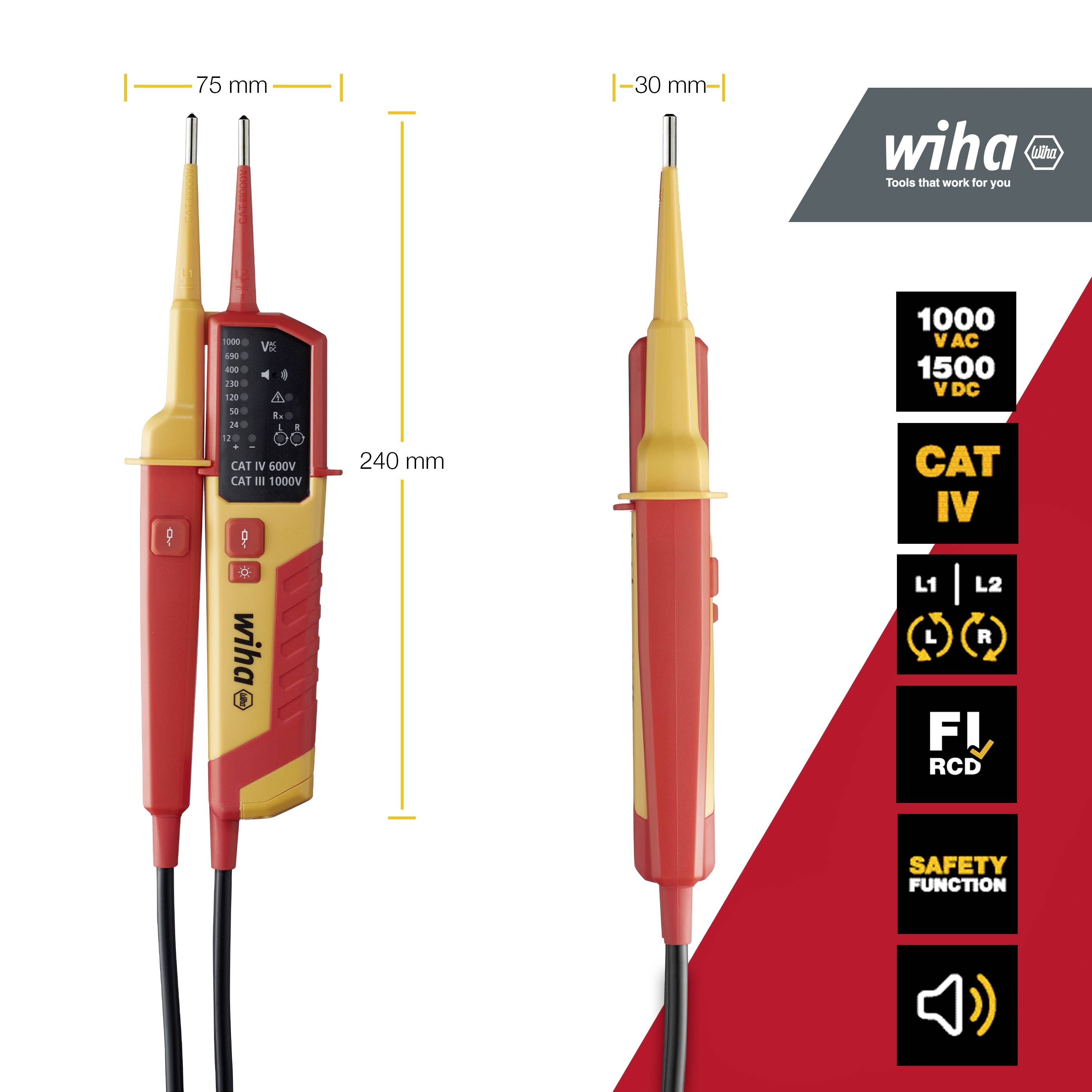 Elektrischer Spannungsprüfer von Wiha mit zwei Messspitzen und Display. Geeignet für CAT IV 1.000 V AC/DC. Links Spezifikationen, rechts Sicherheitslogos.