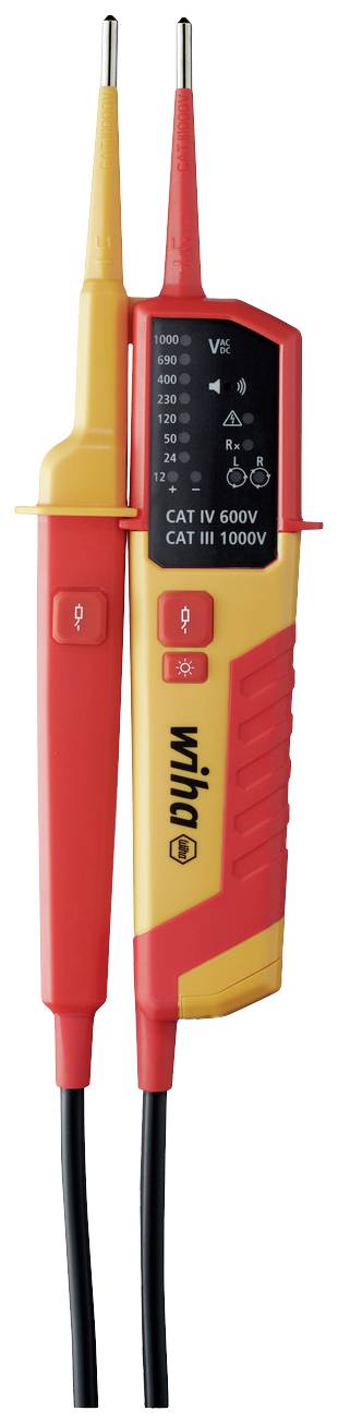 Spannungsprüfer in Rot-Gelb, geeignet für CAT IV 600V und CAT III 1000V, mit LED-Anzeige und zwei Sonden zur elektrischen Prüfung.