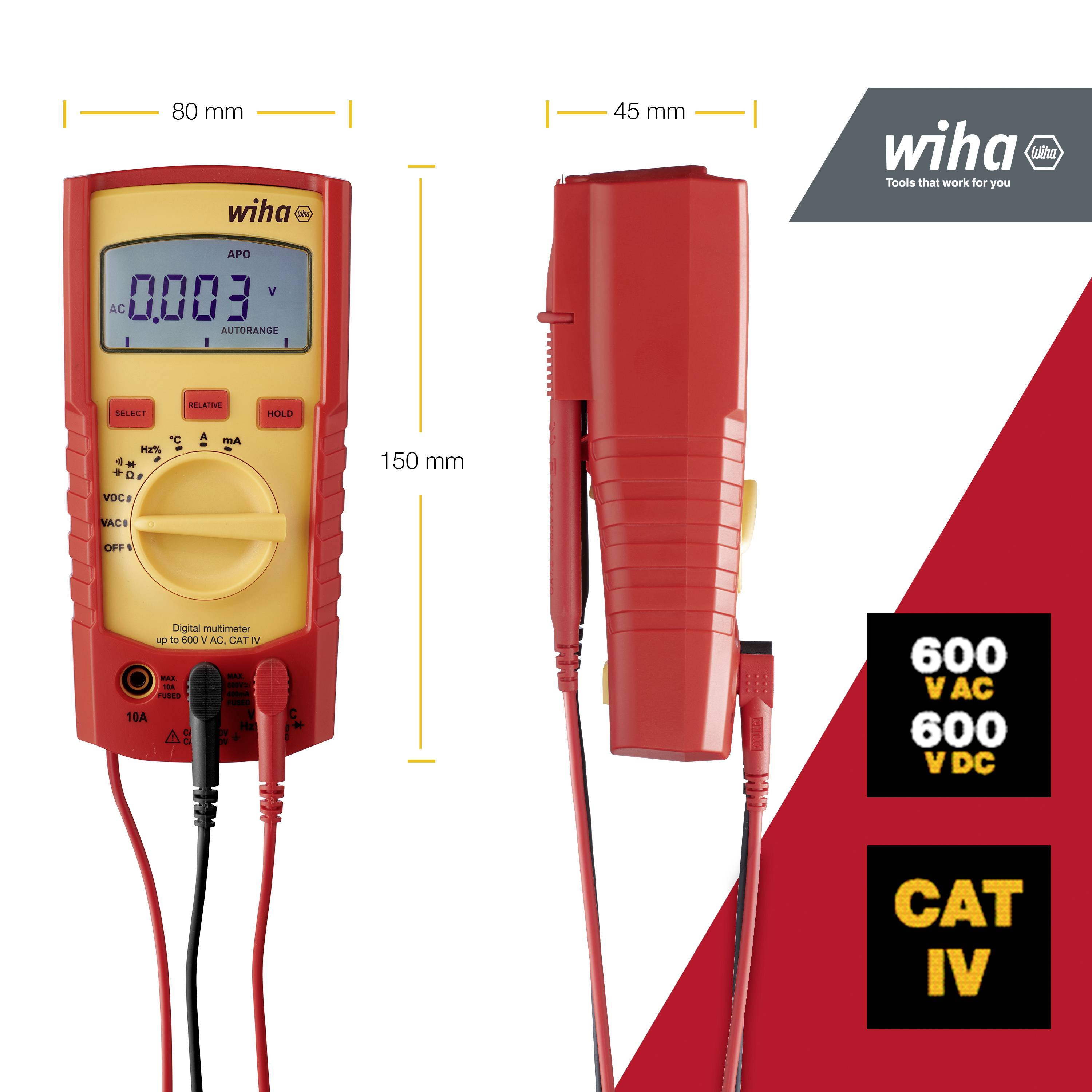 Multimeter in Rot-Orange mit Digitalanzeige von Spannung und Strom, Produktname 'Wiha'. Hinweise: 600 V AC/DC, CAT IV. Abmessungen: 150 mm x 80 mm x 45 mm.