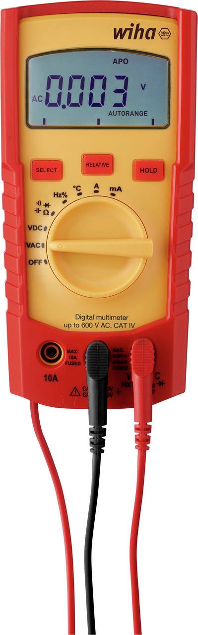 Ein digitales Multimeter zeigt '0.003 V AC' an. Es hat rote und schwarze Messleitungen. Das Gerät misst Spannung und Widerstand.