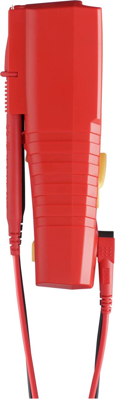 Rote Prüfspitze mit Kabeln, ergonomisches Design. Verwendet für elektrische Messungen, seitliche Ansicht.