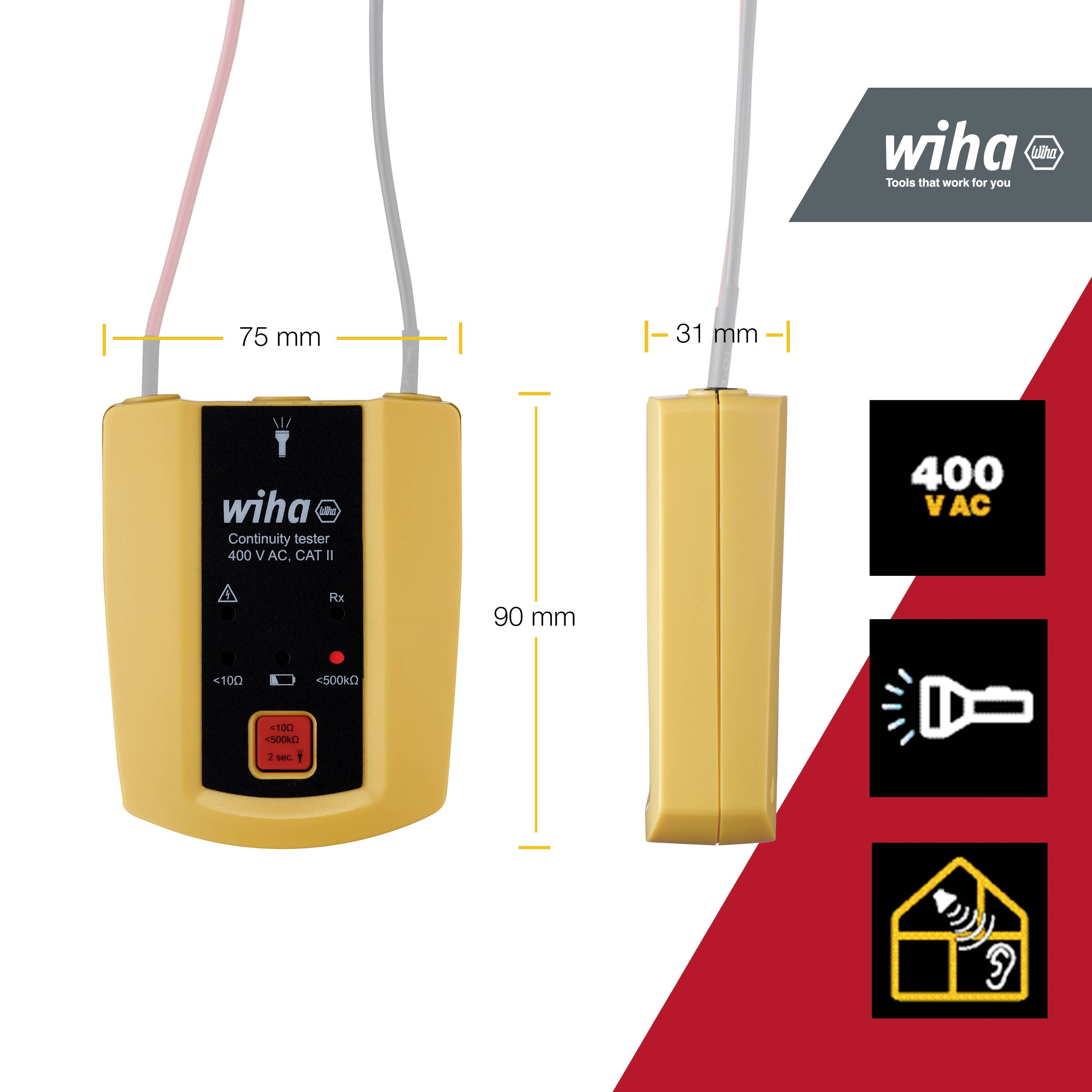 Wiha 45222 Durchgangsprüfgerät CAT II 600V LED, Akustik