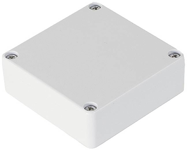 Ein weißes, quadratisches Gehäuse mit vier Schrauben an den Ecken.