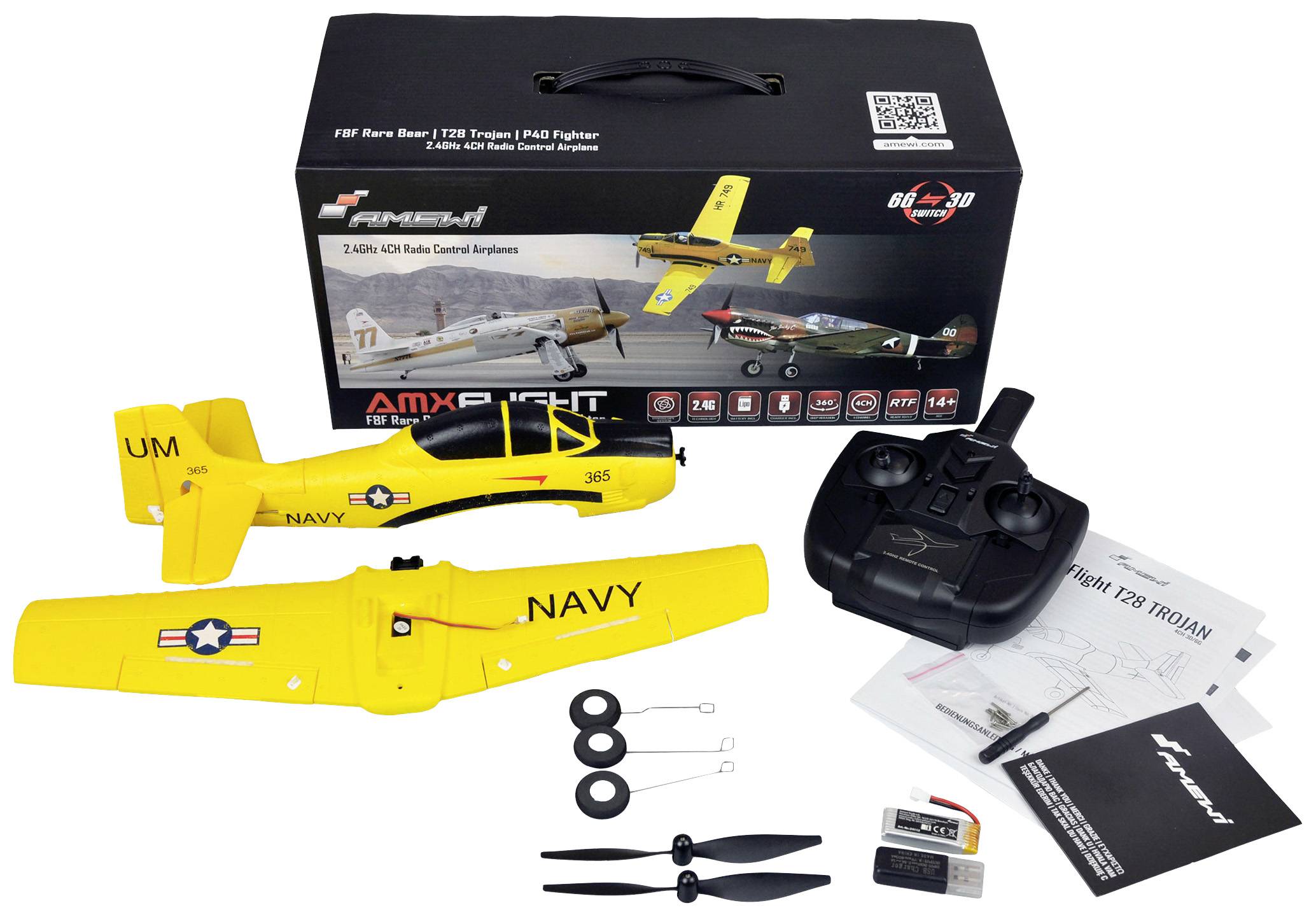 Amewi AMXFlight T28 Trojan Gelb RC Modellflugzeug RtF 388mm